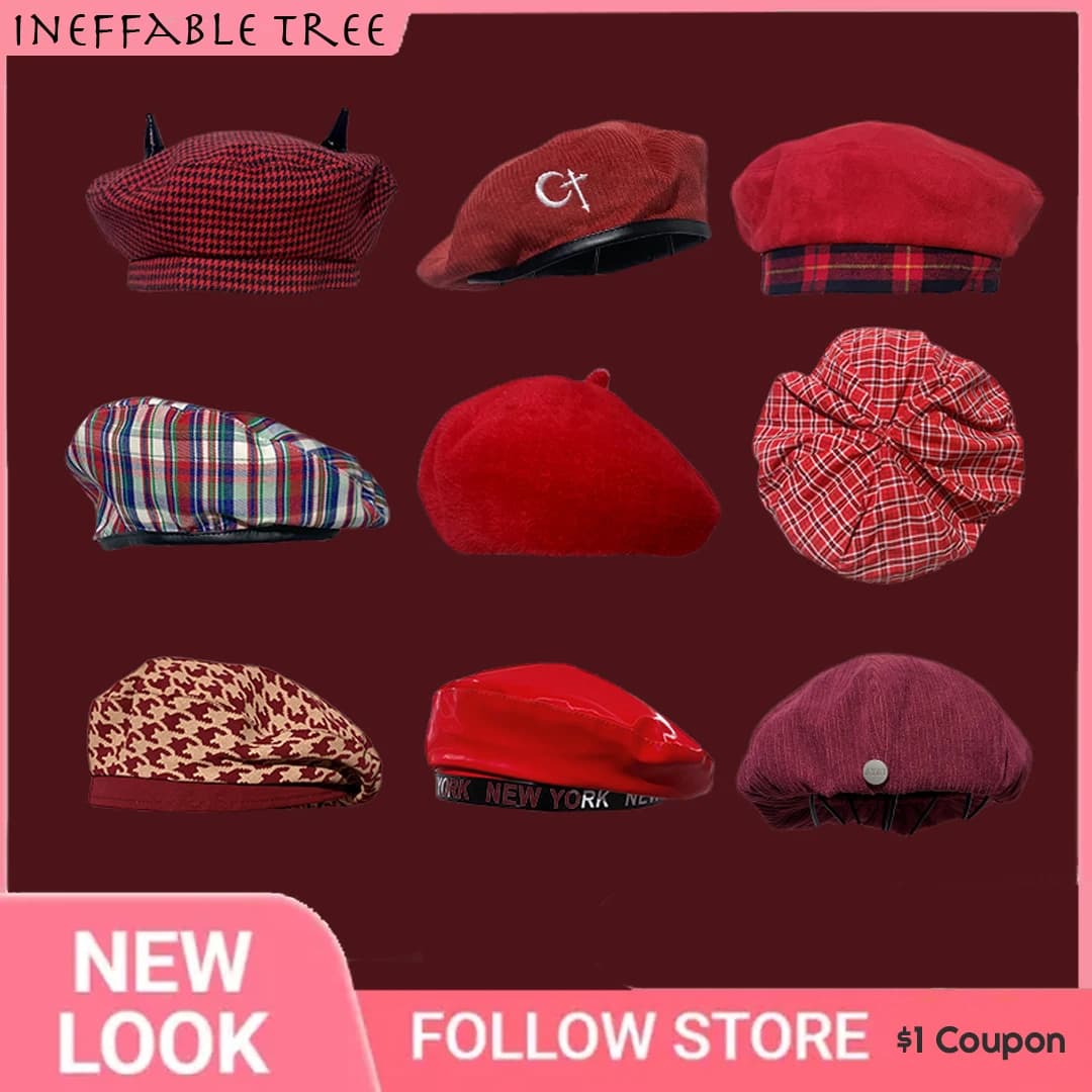 INS Red Summer Winter Hat Letter Embroider Grid PU French Berets Caps for Women Solid Retro Ladies Artist Beret Beanies Caps