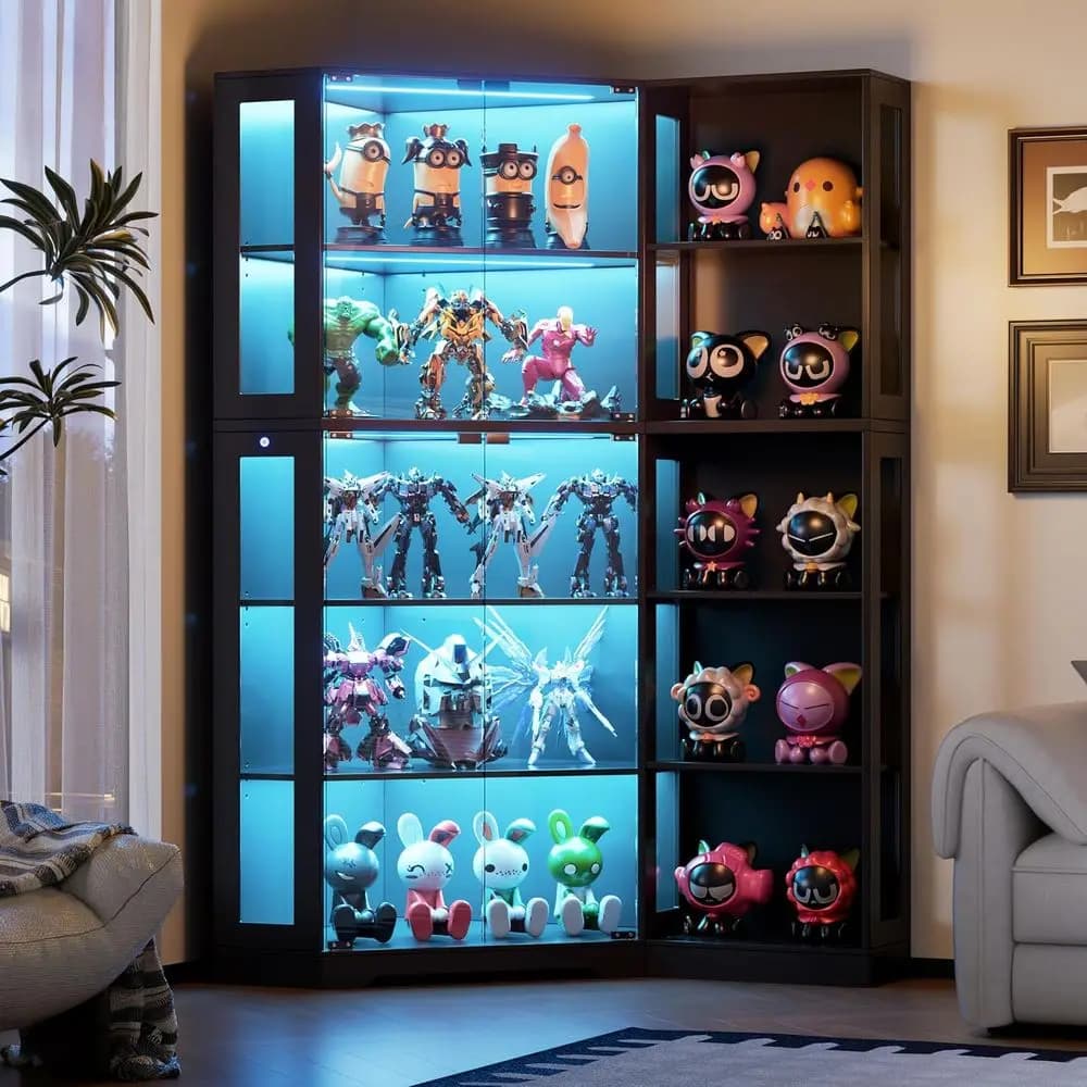 Black Glass Display Cabinet with LED Lights for Collectibles and Living Room Storage