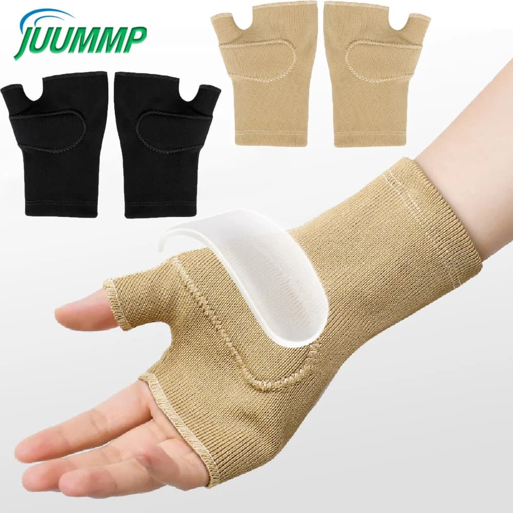 1 paio di maniche di supporto traspiranti per polso e pollice con cuscinetto in gel, guanti senza dita a compressione per artrite e tutore per il polso