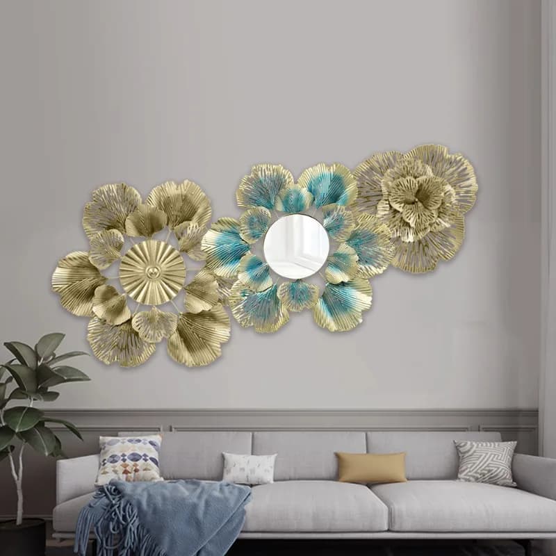 Nordic Light Luxury Wall Decor Golden Apricot Leaf Flower Mirror Wall Mount Iron Art For Entrance Hall Home Decorative Mirror