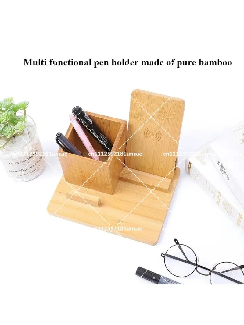 Minimalist Bamboo Desk Organizer, Multi-Function Pen Holder with Wireless Charging, Office Decor & Gift