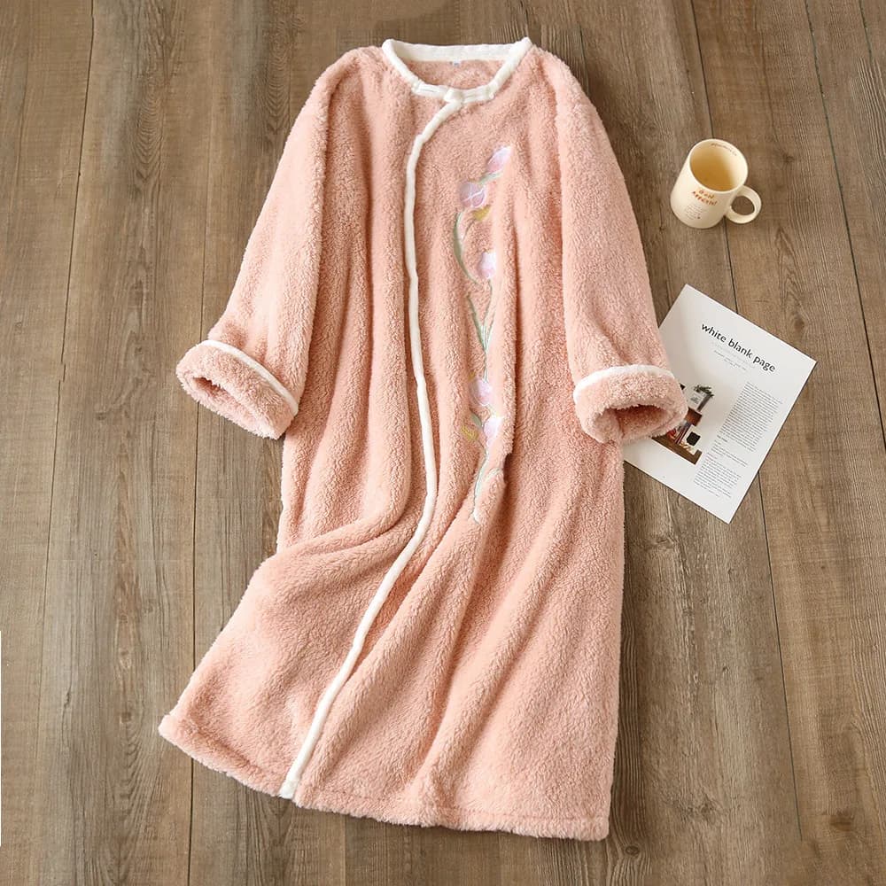 Women's Flannel Pijama Kimono Robe Autumn Winter New Hot Embroidered Bathrobe Soft Solid Nightwear Women's Soft Home Clothes