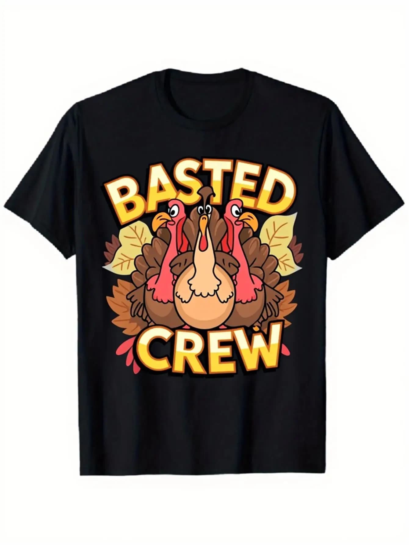 Funny Men's Black Graphic T-Shirt Basted Crew Turkey Flock Autumn Leaves Bold Letter Holiday Dinner Graphic 100% Cotton Heavyweight Short Sleeve Casual Streetwear Tee