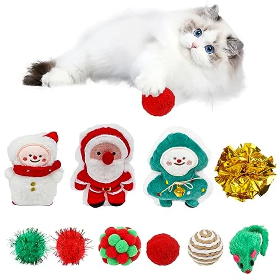 11PCS Natale Gatto Giocattolo Catnip Riempito Dentizione Masticare Morso Giocattolo Resistente per Gattino da Interno Gattino Esercizio Albero di Natale Pupazzo di Neve Babbo Natale