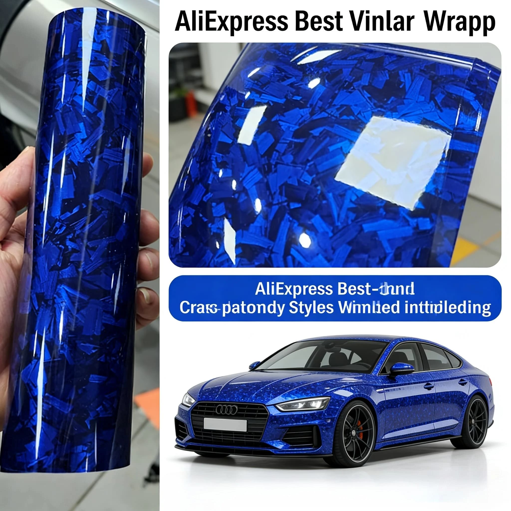 Pellicola Adesiva per Auto e Moto in Vinile Lucido Effetto Carbonio Blu Forgiato Nero Brillante, Adesivi per Moto, Foglio Adesivo per Auto e Motociclette