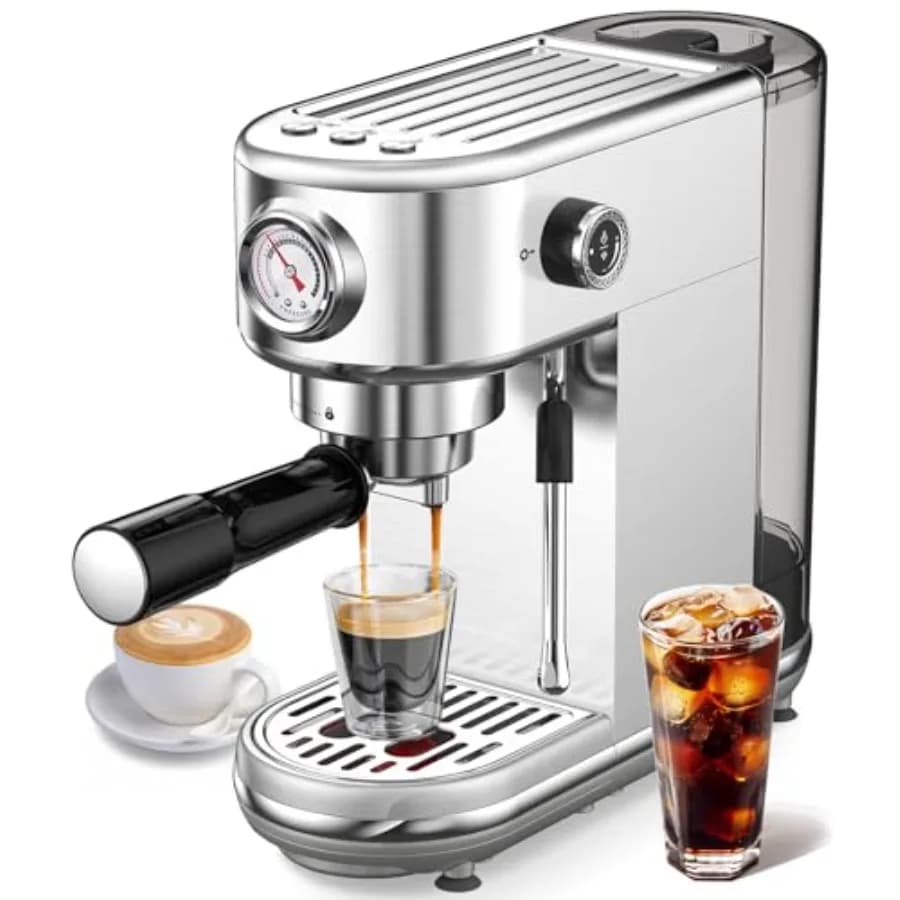 Macchina per Espresso con Montalatte, Pressione 20 Bar, Serbatoio Rimovibile da 44OZ, Compatta in Acciaio Inossidabile