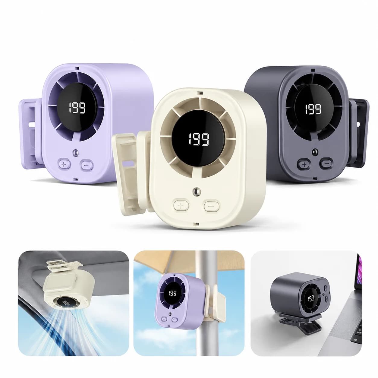 Portable Semiconductor Cooling Fan Rechargeable Clip on 360 Rotation LED Screen 3 Speeds Car Fan for Camping Office