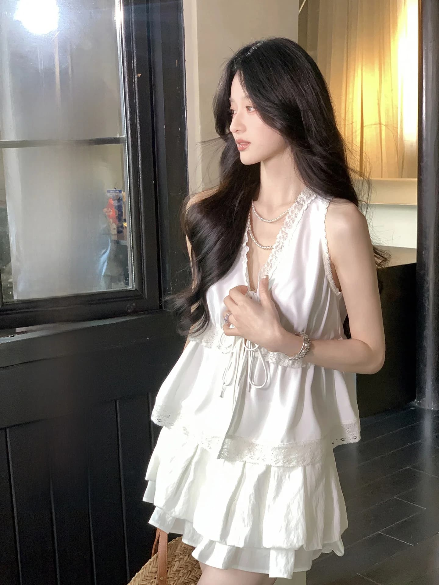 Cardigan Open Sleeveless with Belt and Lace Inserts Aboutpoem, Women's Top with V-neck Wide, Design Pure Desire Sense, Elegant Polyester Style