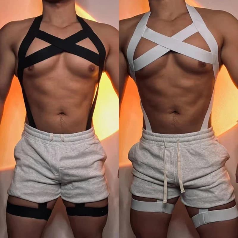 Uomo Pole Dance Abbigliamento Discoteca Dj Ds Gogo Costume Fasciatura elastica Bianco Nero Croce Cinghie pettorali Pantaloncini Rave Outfit XS5069