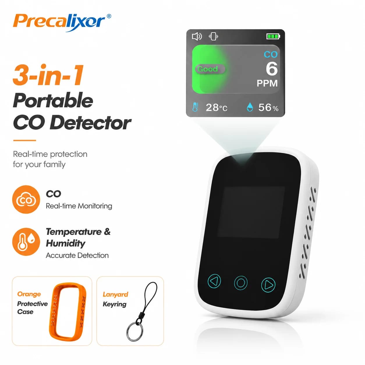 Portable Carbon Monoxide Detector, Rechargeable CO Alarm with Temperature & Humidity Display, Travel Car Camping Safety Monitor