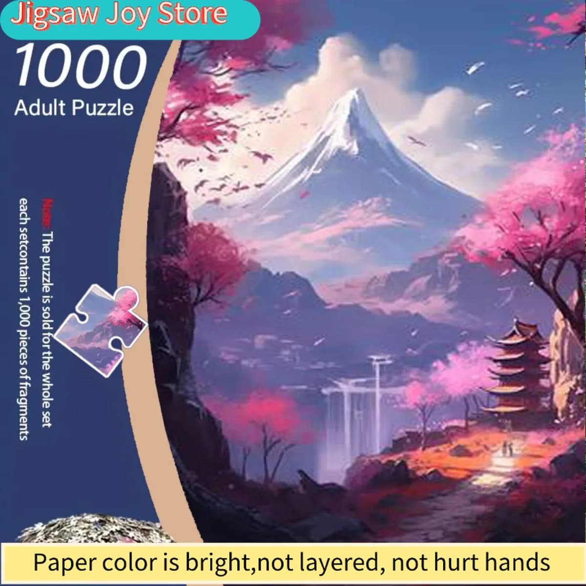 Un puzzle da 1000 pezzi per adulti con una scena di petali di albero rosa che cadono all'esterno di una grotta, maestrose montagne nel B
