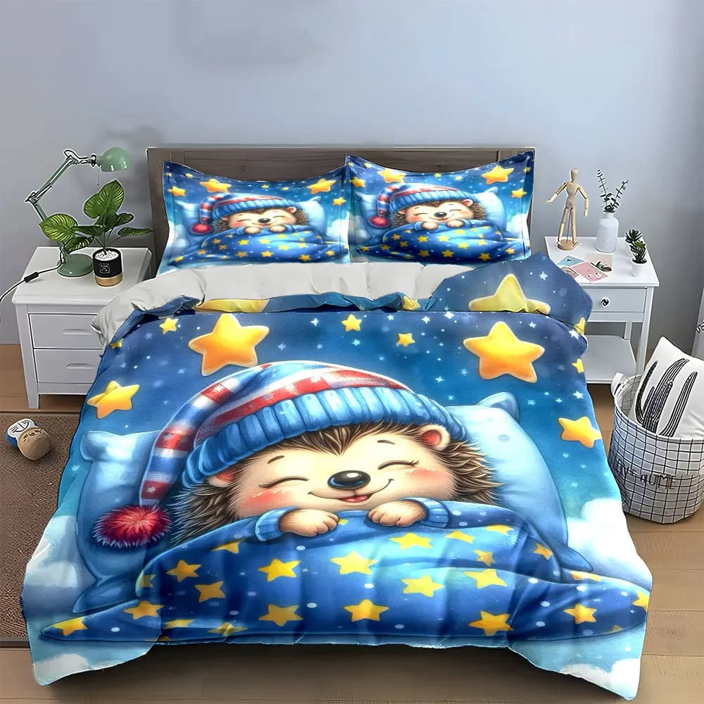 Set di Biancheria da Letto con Disegno di Riccio Cartoon, Include 1 Copripiumino e 2 Federe, Disponibile in Misure Singola, Doppia, King e Queen, Idea Regalo