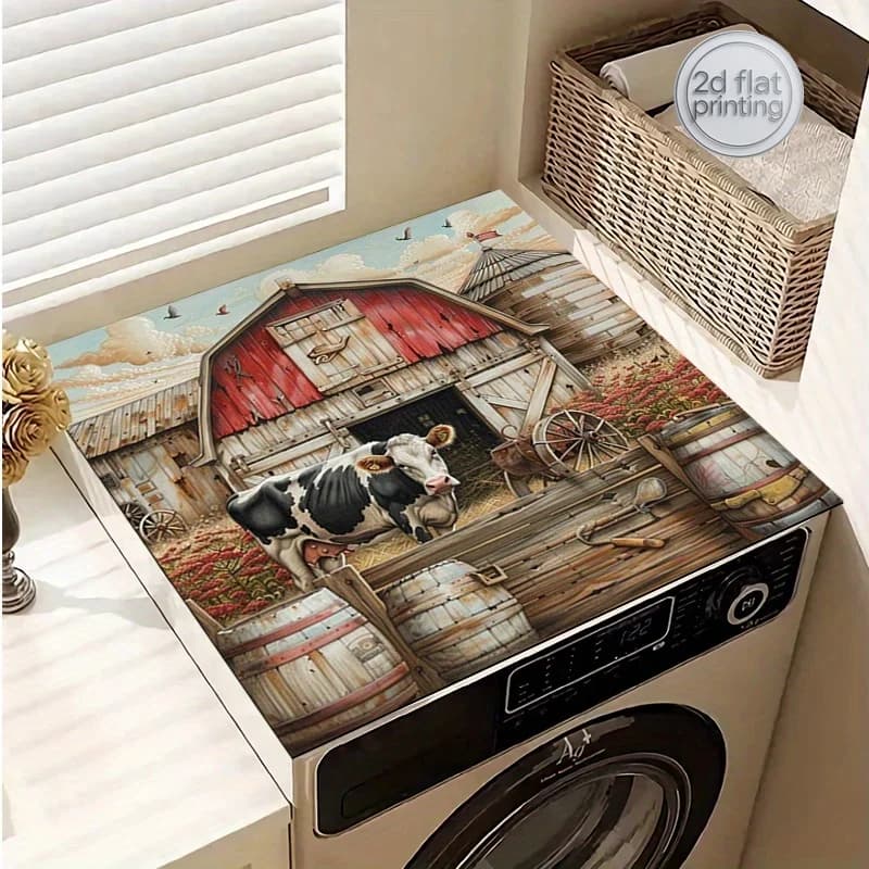Tappetino antiscivolo per lavatrice e asciugatrice, 20x24/24x24 pollici - Design rustico con mucca che spia da una porta del fienile, in poliestere, ideale per la lavanderia