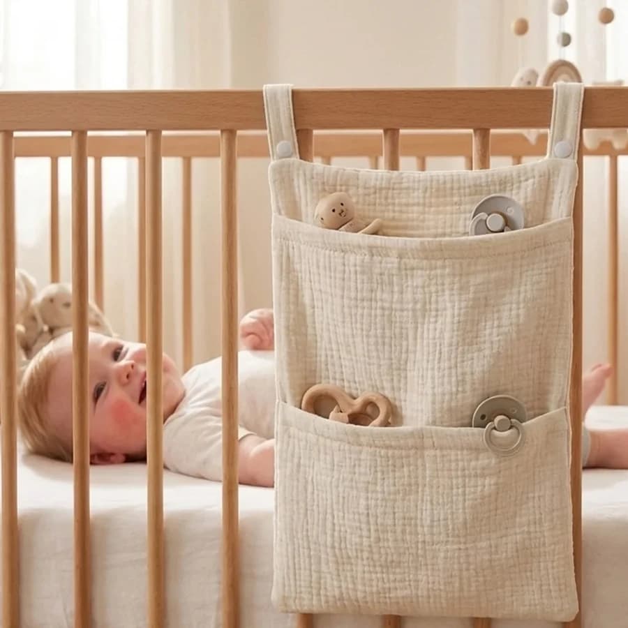 Borsa portaoggetti da appendere al testiera del lettino, a doppio strato in tessuto stropicciato, per giocattoli e pannolini, borsa multifunzionale per bambini