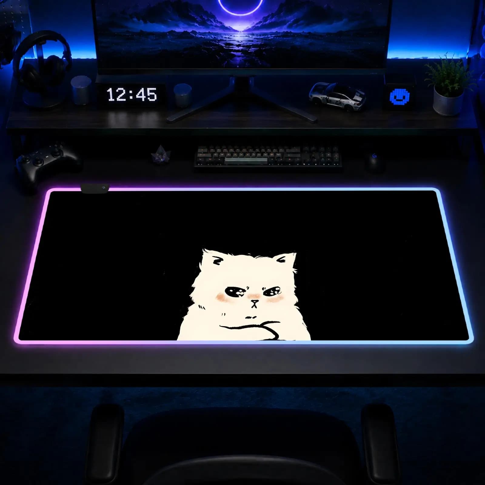 Tappetino per Mouse con Gatto Nero Carino, Tappetino da Gaming Anime XXL RGB, Tappetini da Scrivania LED, Tappetini Retroilluminati in Gomma per Desktop