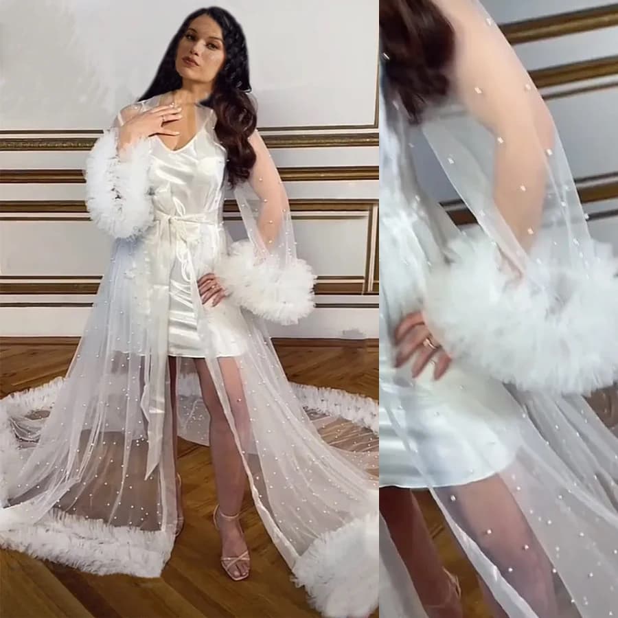 Volant Abito da sposa Servizio fotografico Perle Donne incinte Fotografia Abito da sera Prom Abito in tulle Accappatoio Giacca lunga personalizzata