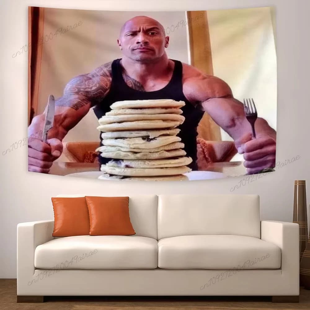 Cheat Day The Rock Eating Pancakes Wall Hanging Tapestry Flags Funny Meme Tapestry Aesthetic Dorm Banner Teen Room Decoration