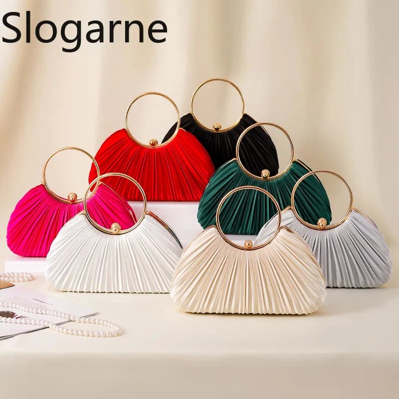 Pleated Evening Handbag Women Top Handle Glitter Day Clutch Ladies Wedding Dinner Dress Clip Bag Diamond Party Purse Gold Colour