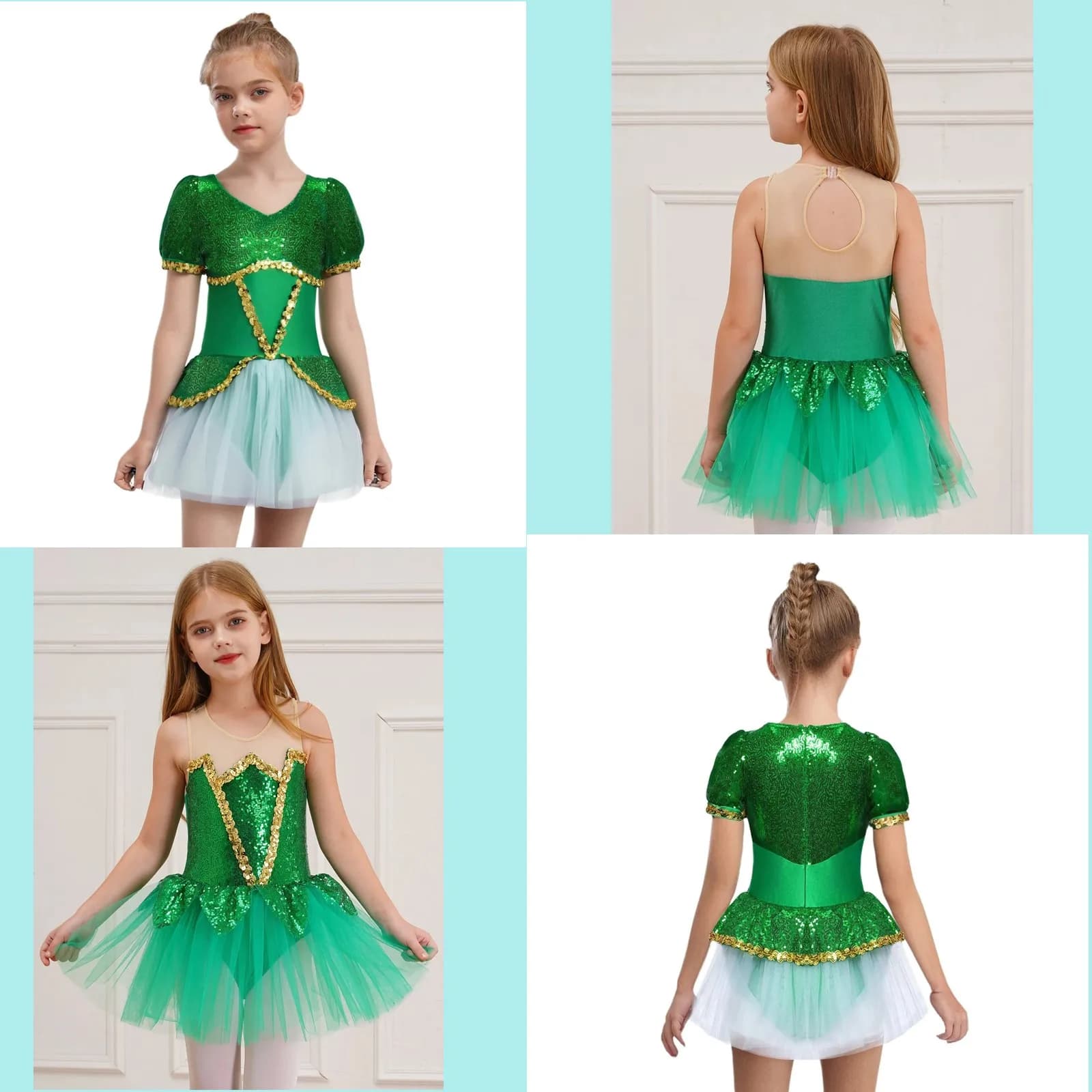 Ragazze Verde Paillettes Halloween Elfo Maglia Tutu Balletto Vestito da ballo Ginnastica Body Pattinaggio di figura Costumi di performance di danza