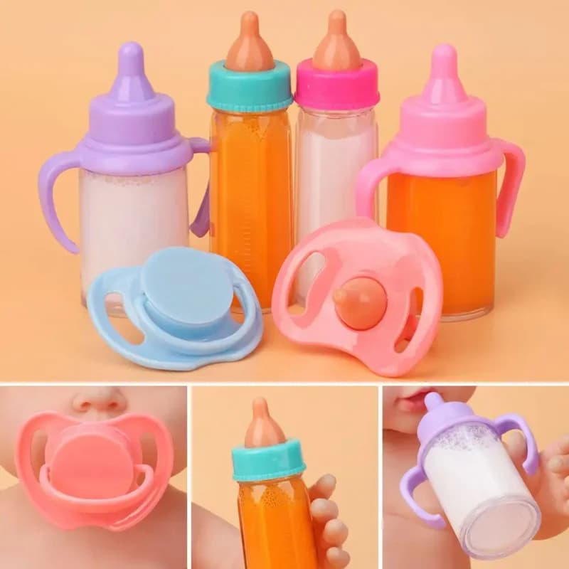 Accessori per bambole Bottiglie di succo di latte magico con bavaglini ciuccio adatti per biberon in plastica per neonati Giocattoli per casa delle bambole per regalo per bambini