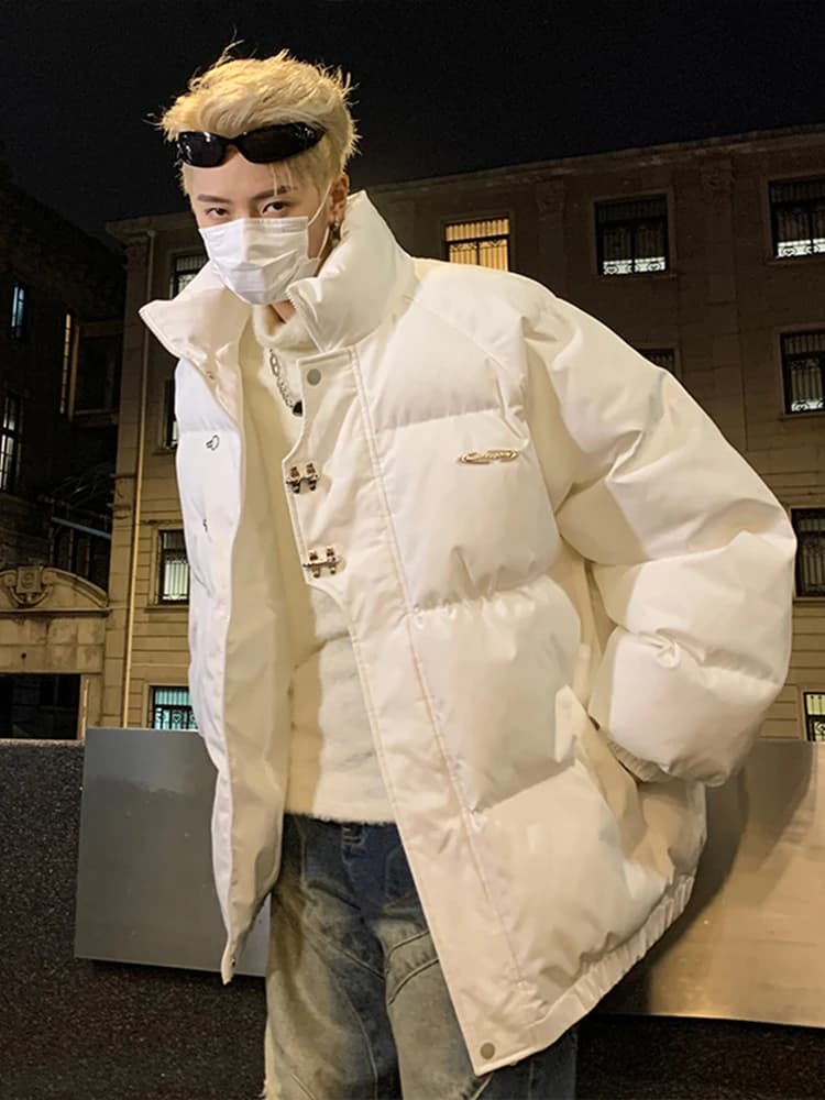 White down Puffer Jacket Thickened Cotton Coat for Men Winter Warm Street Style Fashion Brand Casual Loose Fit Metal Decor