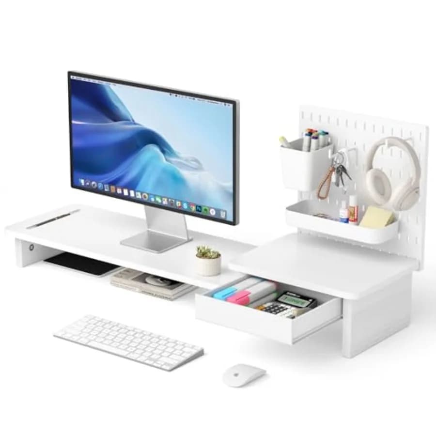 Supporto per Monitor da Scrivania con Ganci, in Acciaio Bianco, con 2 Ganci e Cassetto per Gestione Cavi, Supporta Laptop, PC, Stampante