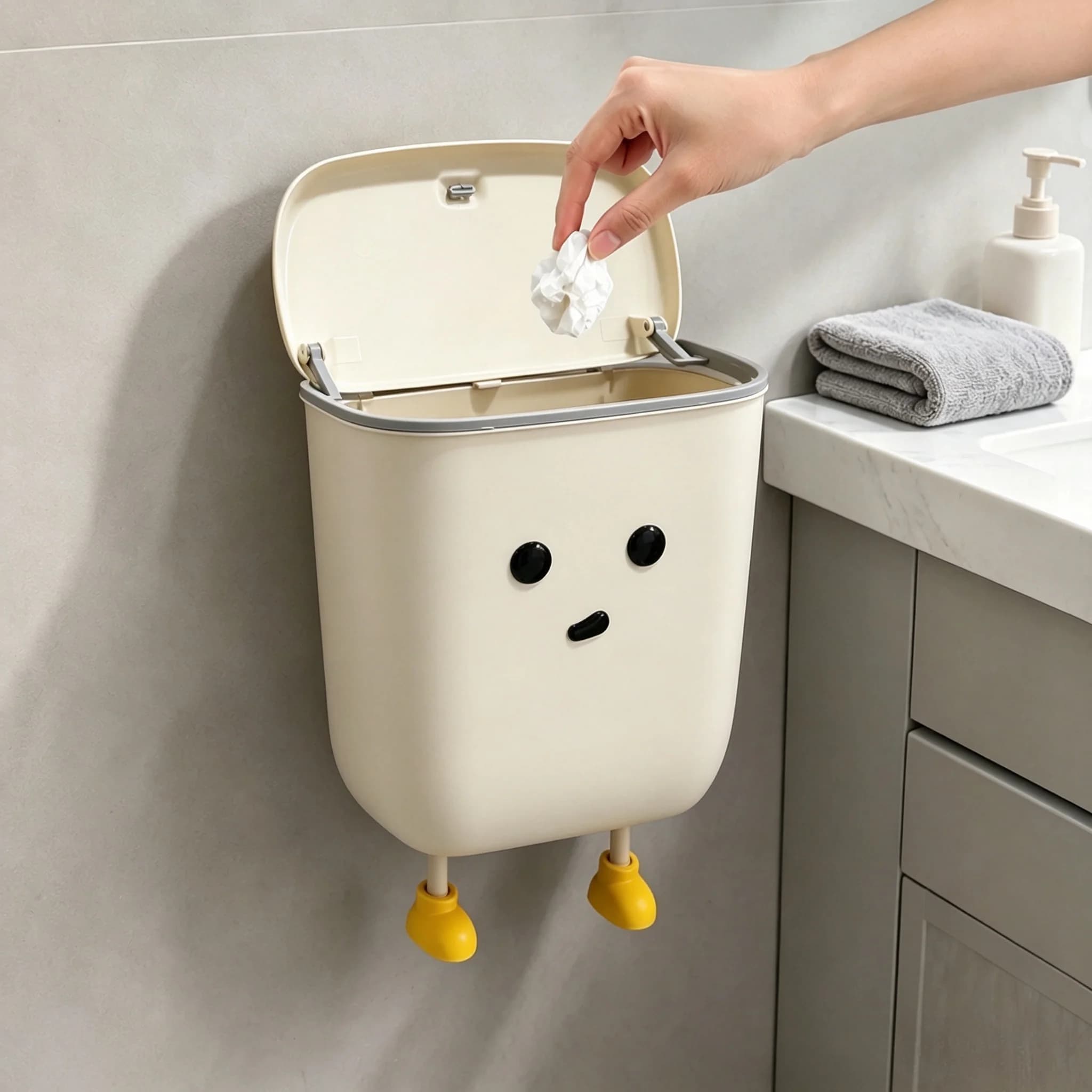 Cute Cartoon Wall Hanging Waste Bin with Sealed Lid, Bean Eyes Design Hanging Trash Container for Home, Office & Dormitory