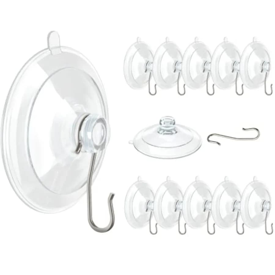 Suction Cup Hooks, 1.77 Inch Window Suction Cups with Metal Hooks, Removable and Reusable, Clear, 12 Pcs