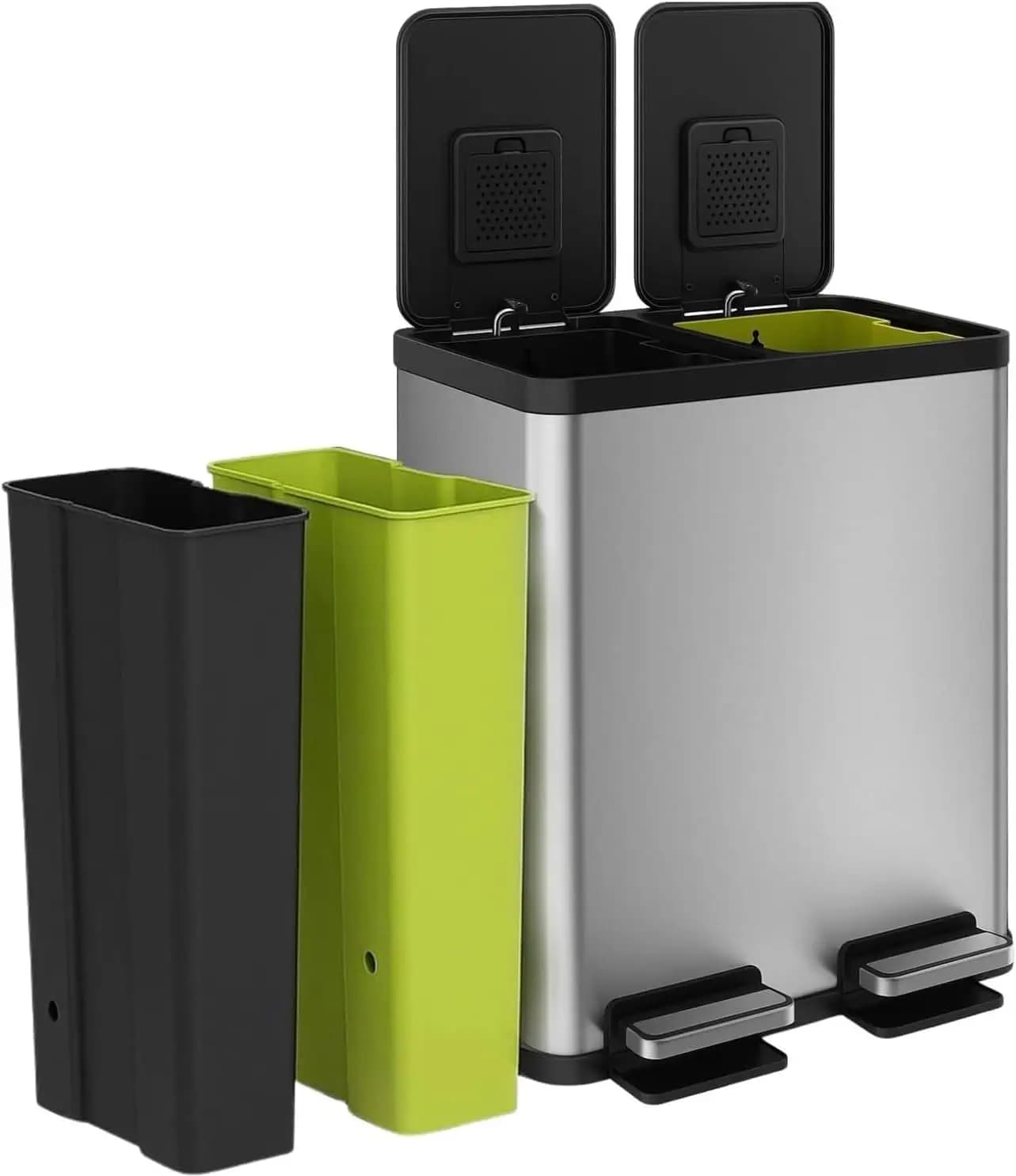 16 Gallon (30L x 30L) Dual Compartment Step Trash Can - Kitchen Garbage Can with Slow-Close Lids - Waste & Recycling Bins