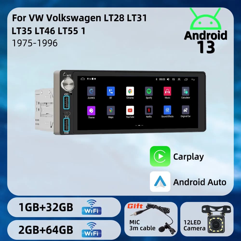 Autoradio Android with Screen 6,86 Inch, Stereo 1Din with Carplay for VW Volkswagen LT28 LT35 LT46 LT55 1 I 1975- 1996