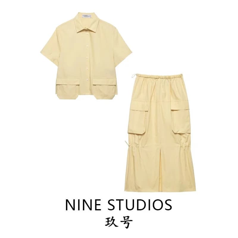 Women's Shirt Dress with Pocket Workwear Style Midi Skirt Half-length Spring Fashion Set Short Sleeve Turn-down Collar