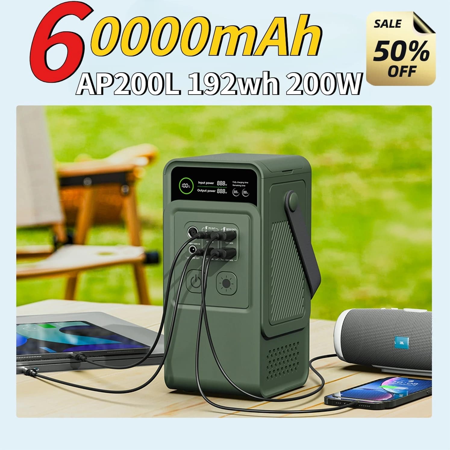 60000mAh 200W 192Wh Camping Power Station Power Bank LiFePo4 Portable Charger Battery Solar Generator External USB Power Port