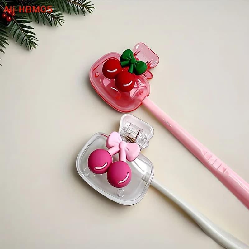 (HB05)Cute Cherry Design Toothbrush Holder Cherry Pattern Toothbrush Head Features Dual Holes For Drainage And Ventilation