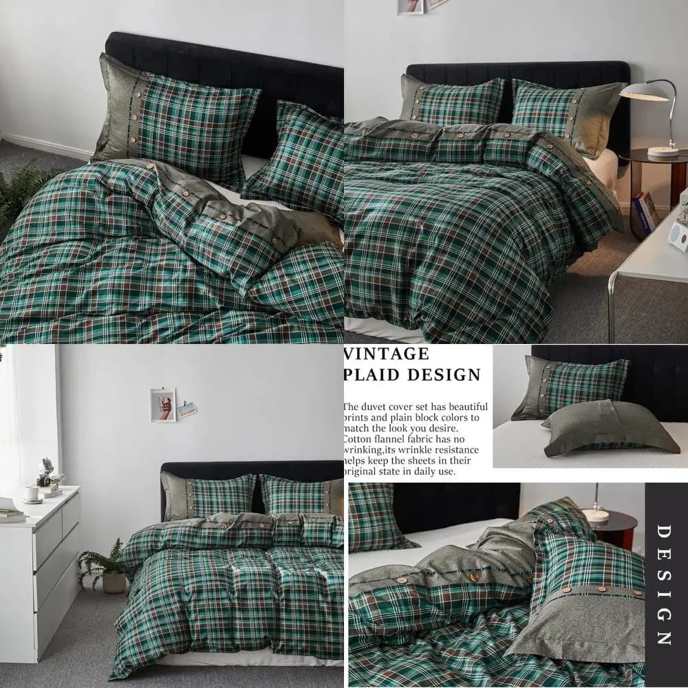 Set copripiumino Queen Size in cotone scozzese di bufalo con 2 federe, verde scuro, morbido e confortevole