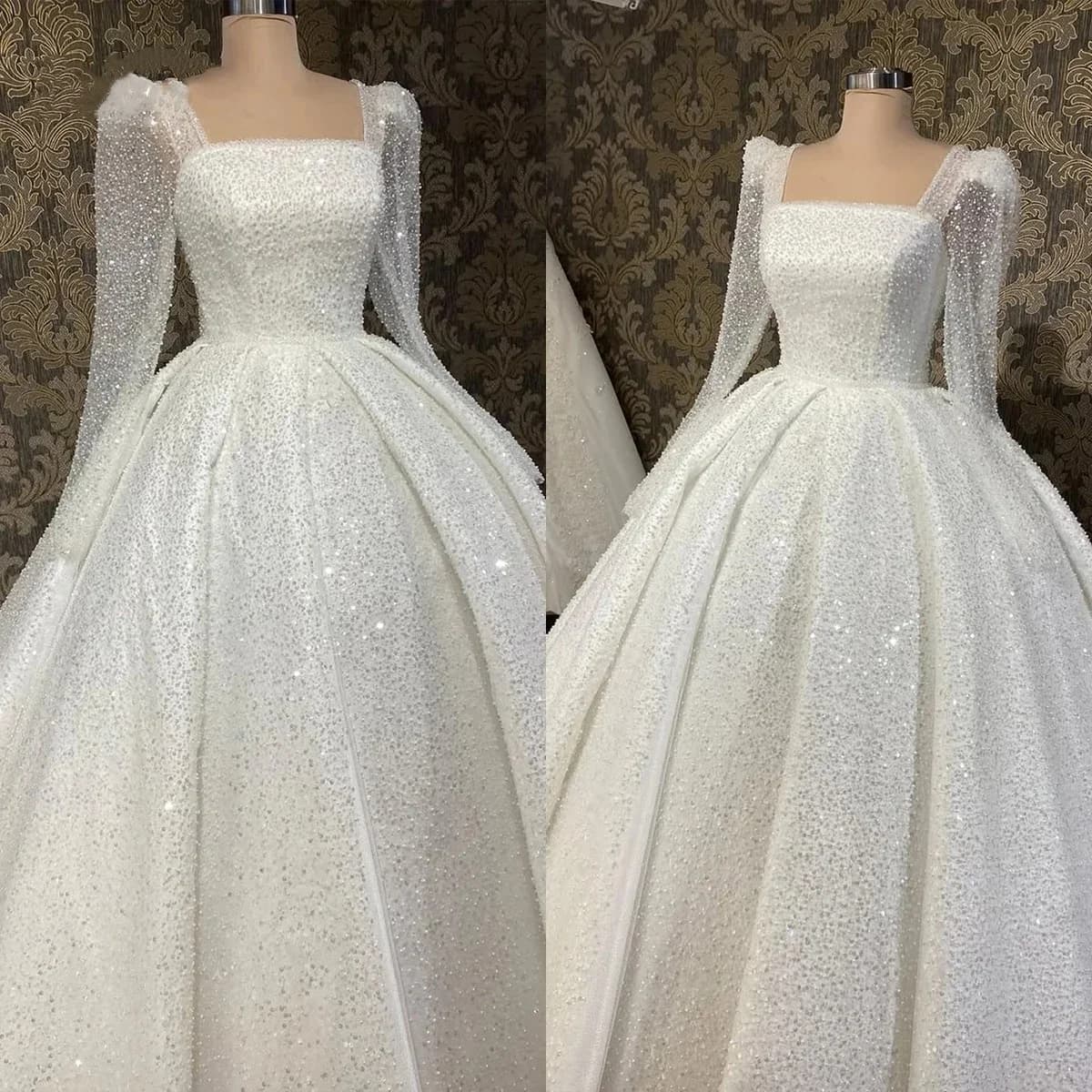 Abiti da Sposa su Misura Personalizzati, Linea A, Scollo Quadrato, Strass e Perline, Maniche Illusione, Splendido Abito da Sera per Feste
