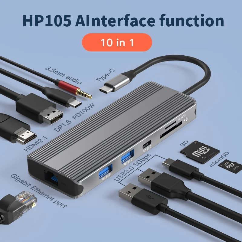 Blueendless 10 in 1 Ports Type C Adapter 4K 120Hz 8K DP Port Type C Data Transfer USB3.0 TF SD Reader Headphone Socket
