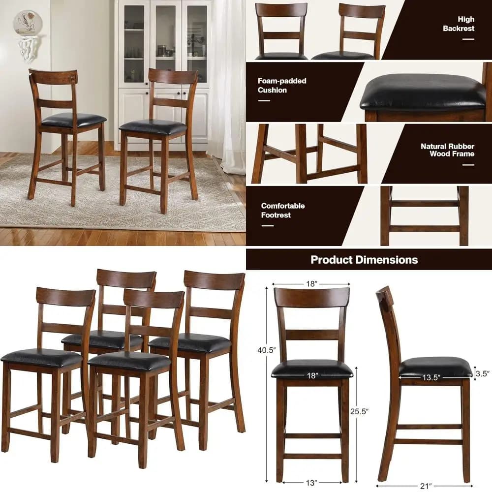 Set of 4 high dining chairs, 25.5 inch wooden bar stools with backrest, leather cushion