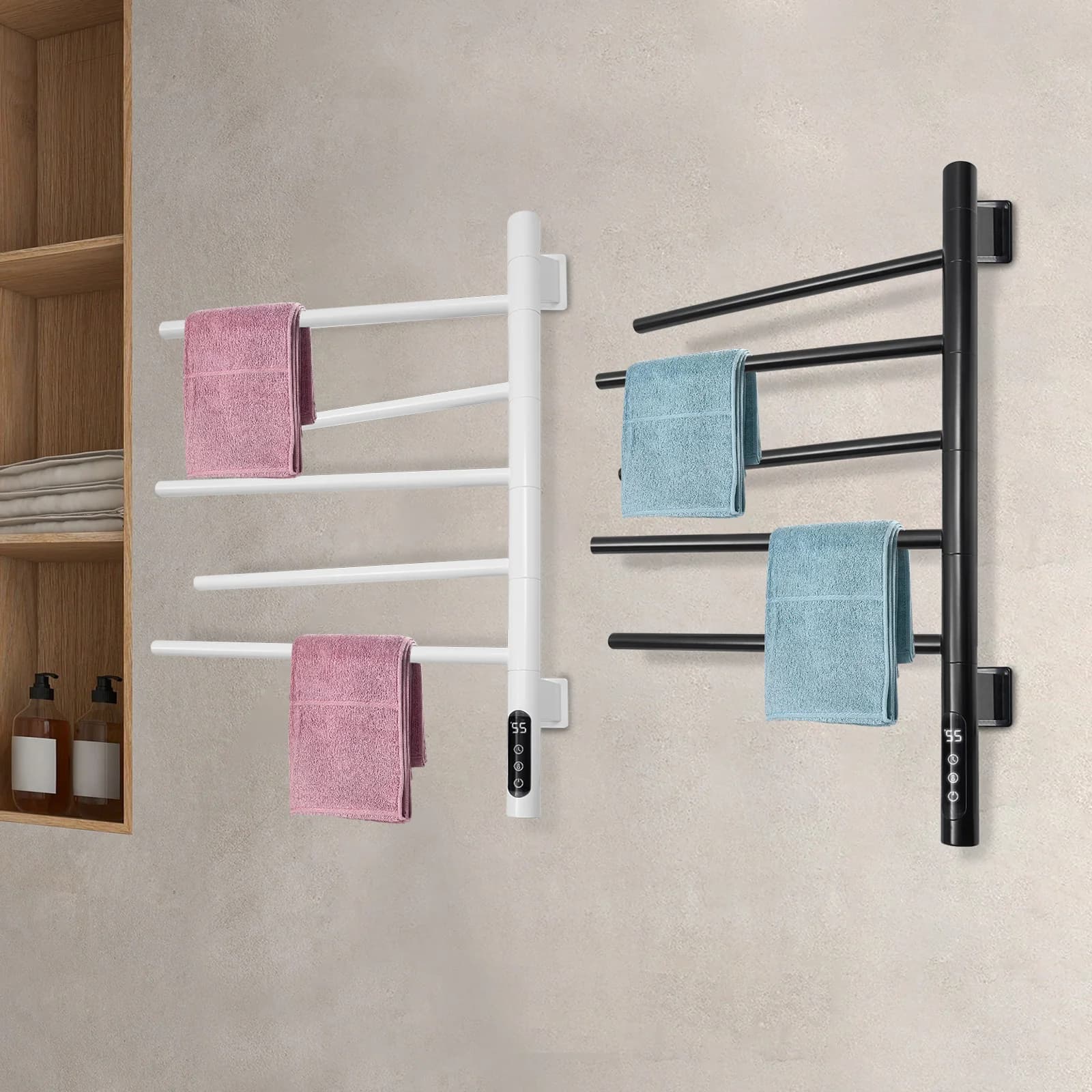 180 ° Portasciugamani elettrico da bagno con rotazione, portasciugamani riscaldato per casa intelligente montato a parete con display a LED IPX5