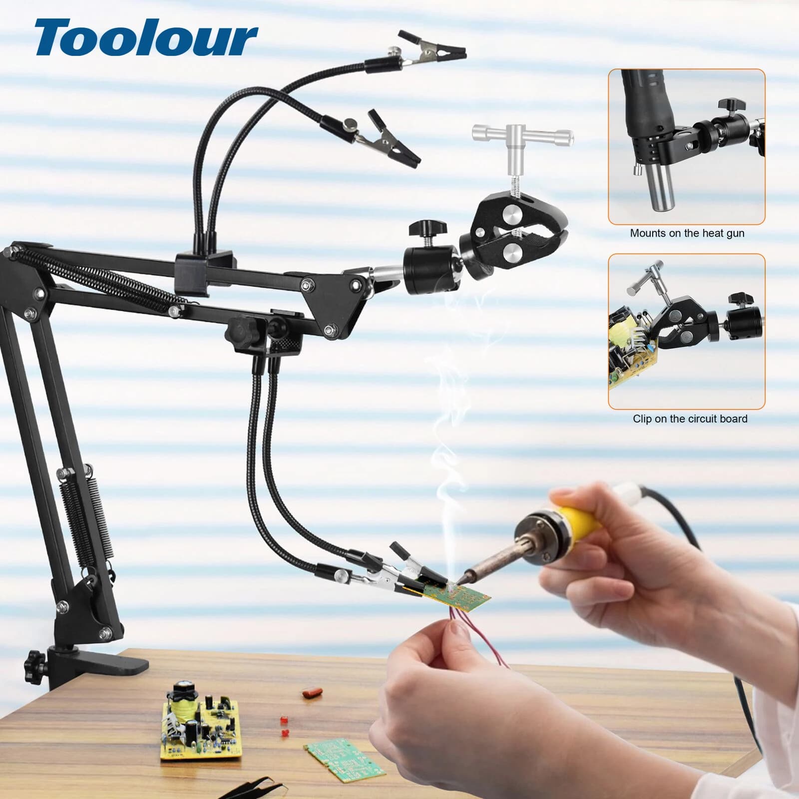 Toolour Adjustable 360 Hot Air Hand-Piece Gun Holder PCB Holder 4 Flexible Arms Soldering Helping Hands for Repair Solder Tool