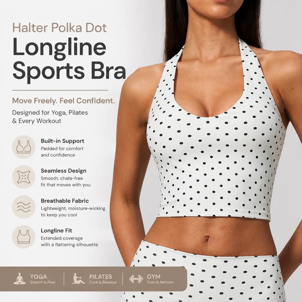 Women's Halter Polka Dot Longline Sports Bra Padded Seamless Crop Tank Top Workout Cami with Built-in Support for Yoga Pilates G