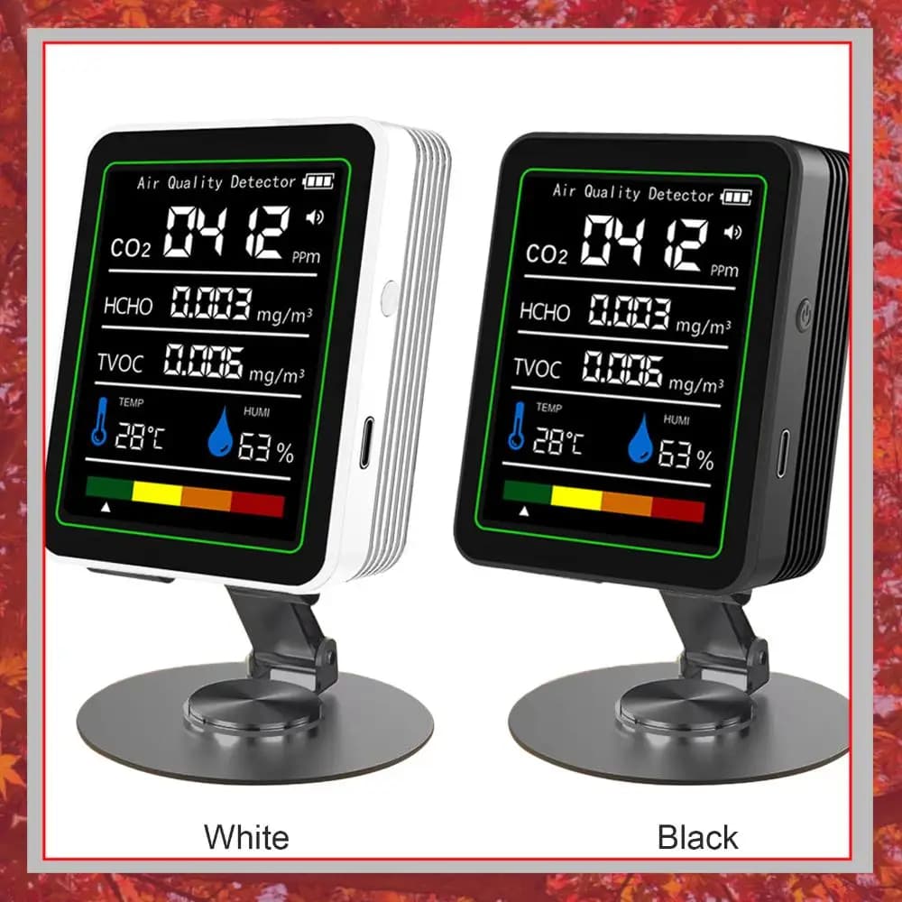 5 in 1 Digital Air Quality Detector Formaldehyde HCHO TVOC CO2 Monitor with Stand Temperature Humidity for Home Office Use