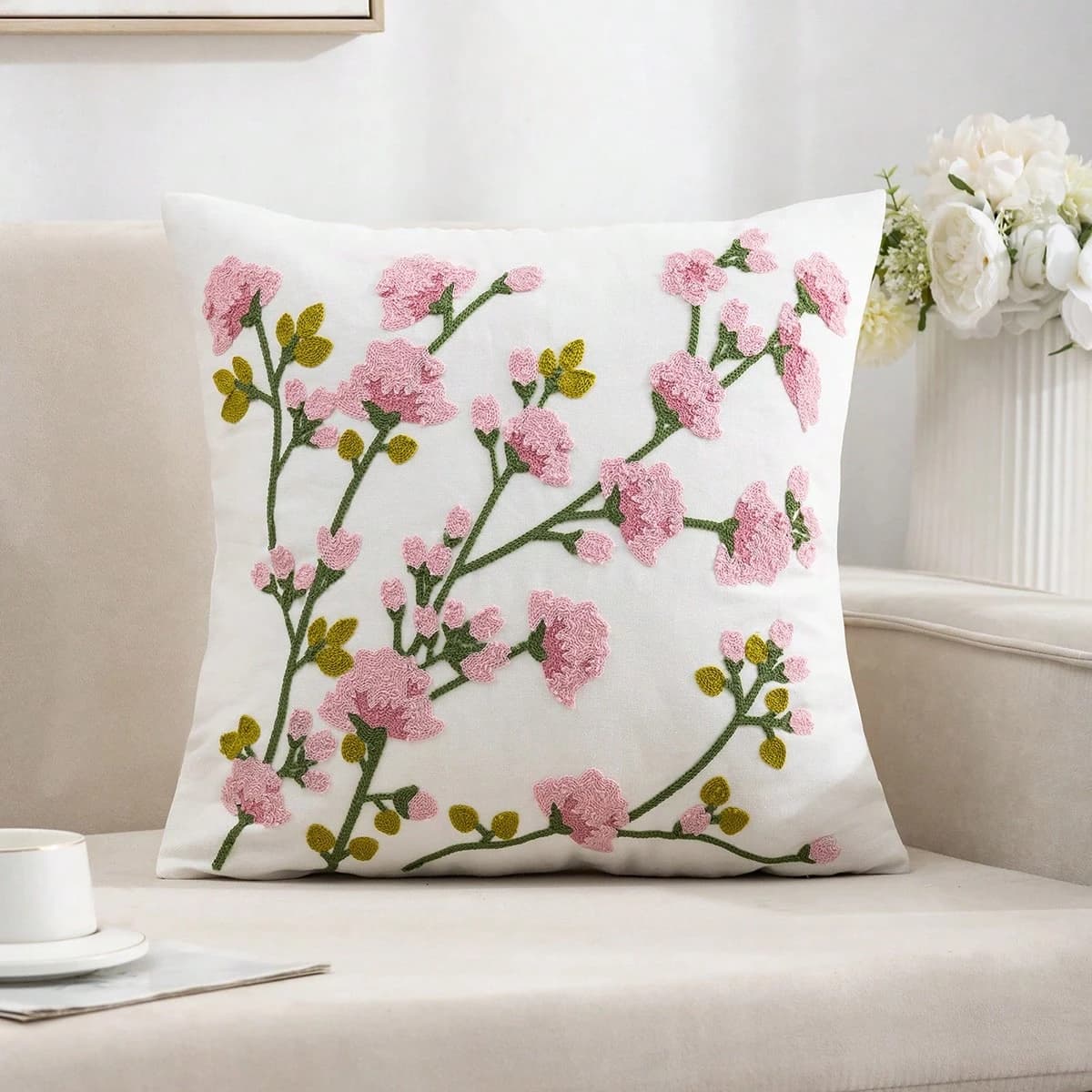 1 fodera per cuscino decorativa con stampa 2D di fiori di ciliegio primaverili, in poliestere, per divano, letto, auto, ufficio, decorazione per la casa