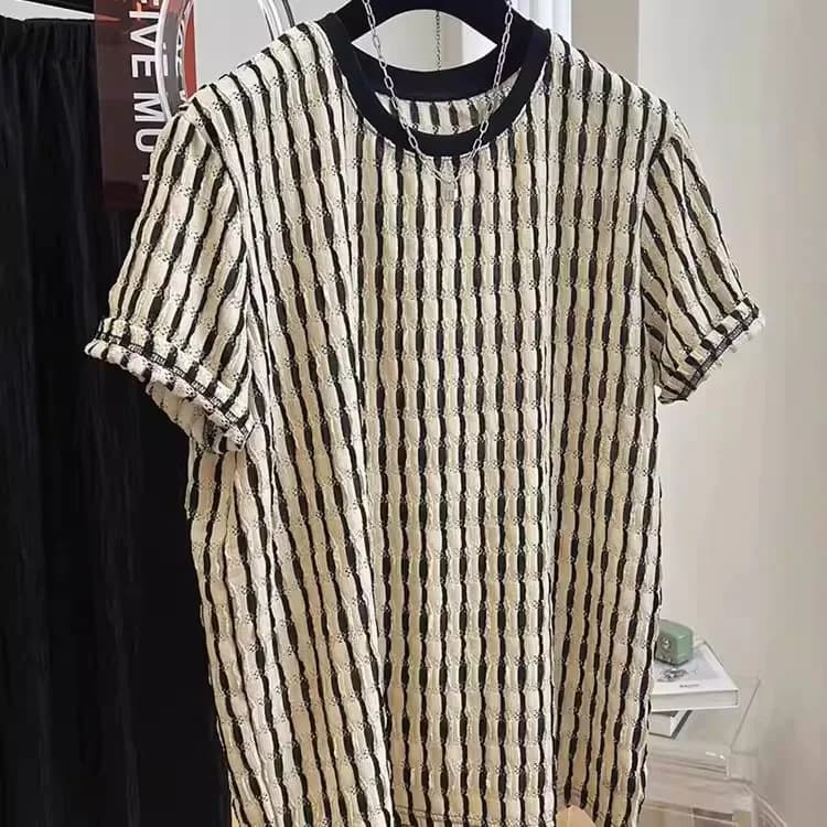 Summer Large Size 300 Pounds Fashionable Hollow out Stripe Short Sleeve Men's T-Shirt Thin Lace Shirt Half Sleeve Loose Top
