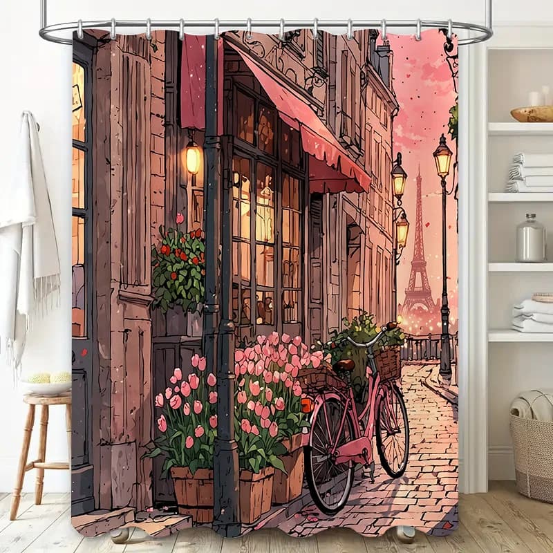 Tenda da doccia romantica con scena di strada parigina - Illustrazione vintage di strade di ciottoli, scatole di fiori e biciclette, facile da pulire
