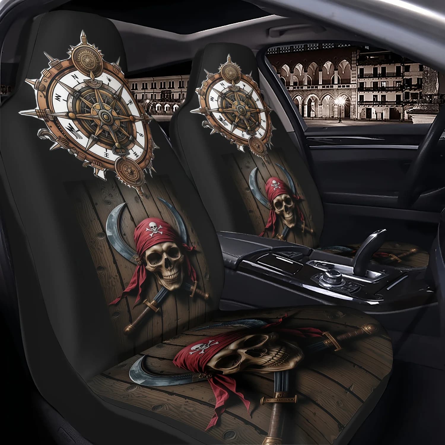 Printed Pirate Skull Wearing Red Bandana Double-Edged Cross Hanging Compass Theme Pattern Car Seat Cover
