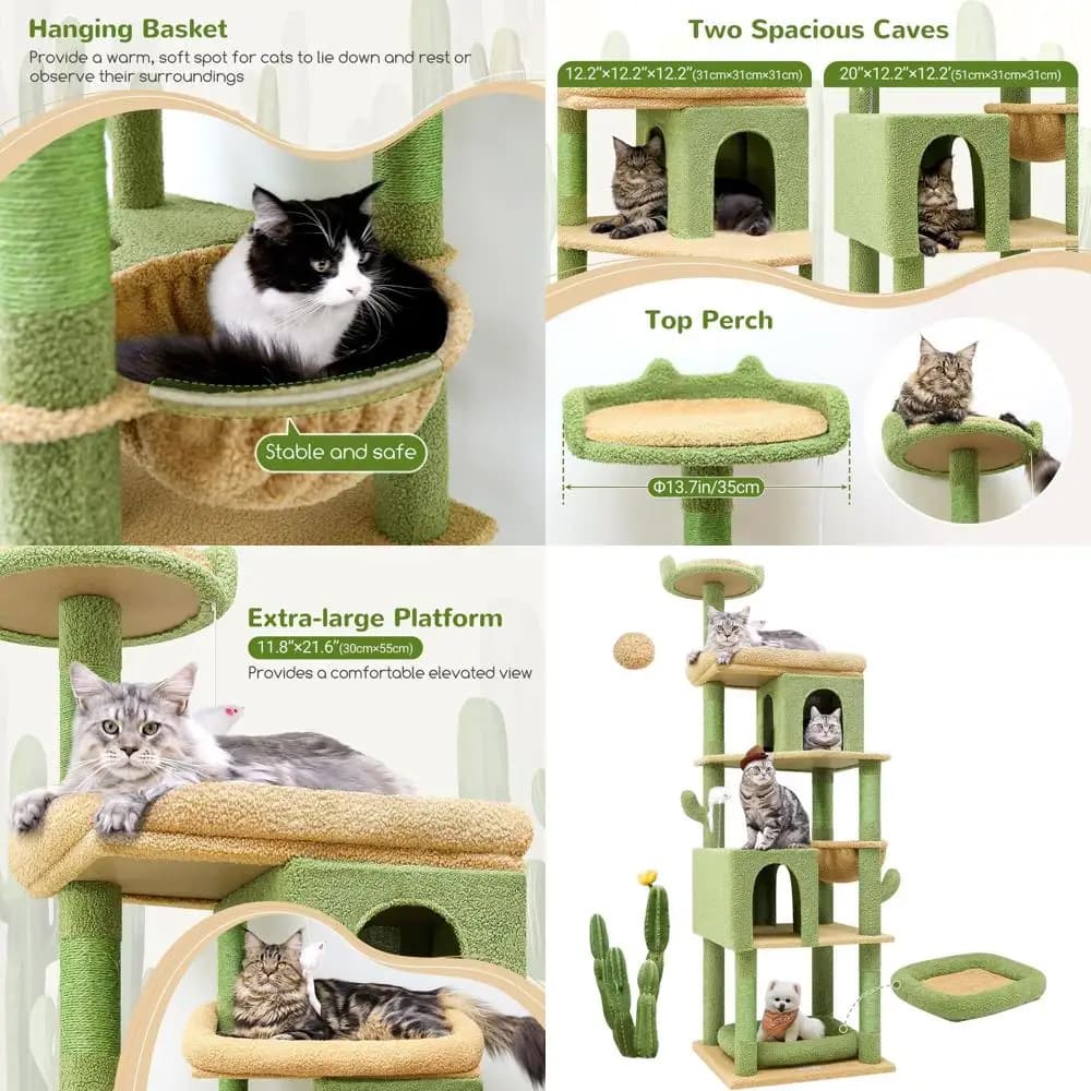 Robusto albero per gatti in stile 72 cactus per gatti di grandi dimensioni, oltre 20 libbre, con 6 tiragraffi, amaca, verde