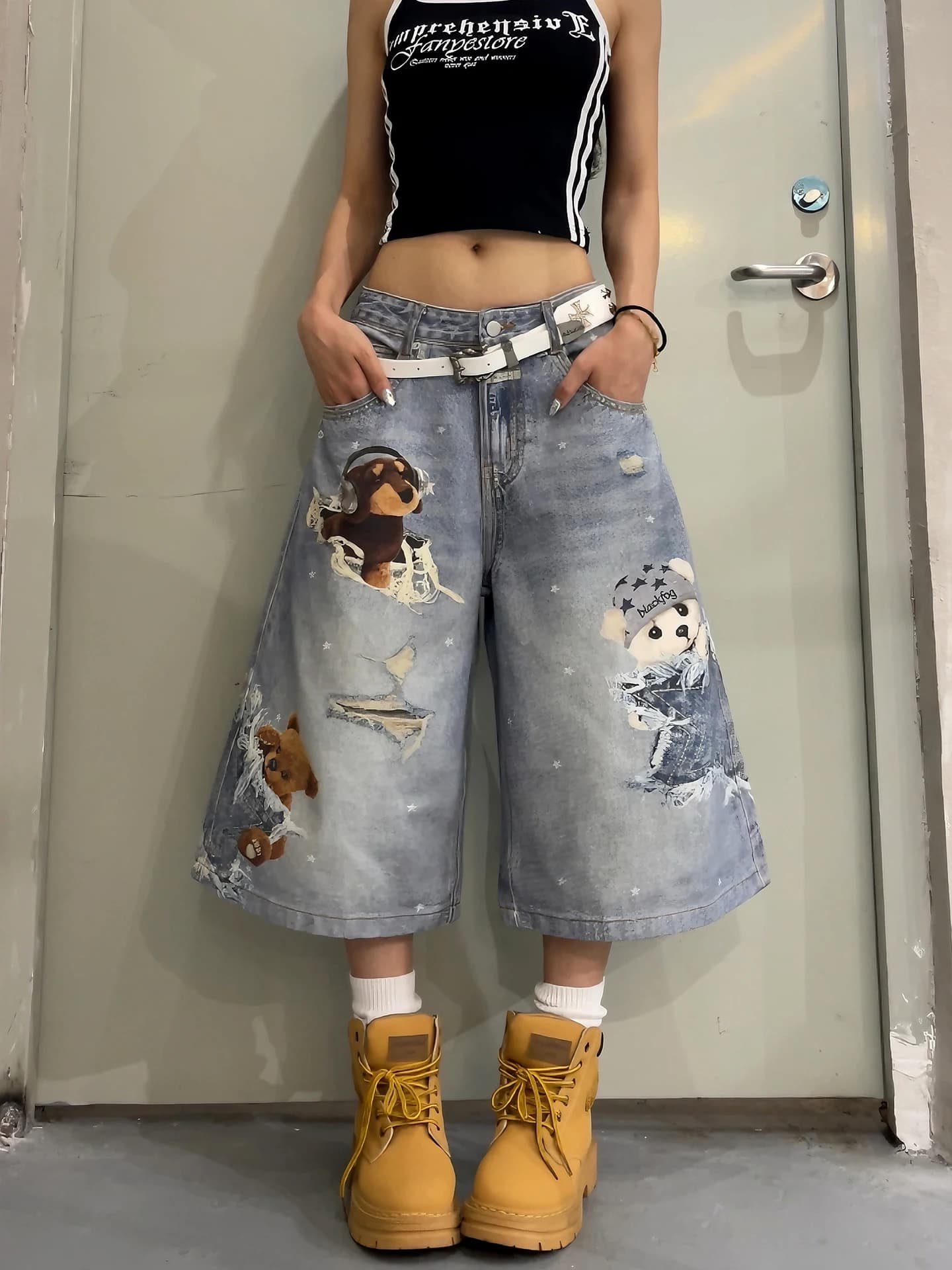 Retro American Street Graffiti 3D Print Loose Wide Leg Jeans Women's Summer Washed Seven-Foot Denim Shorts Straight Cut Natur...