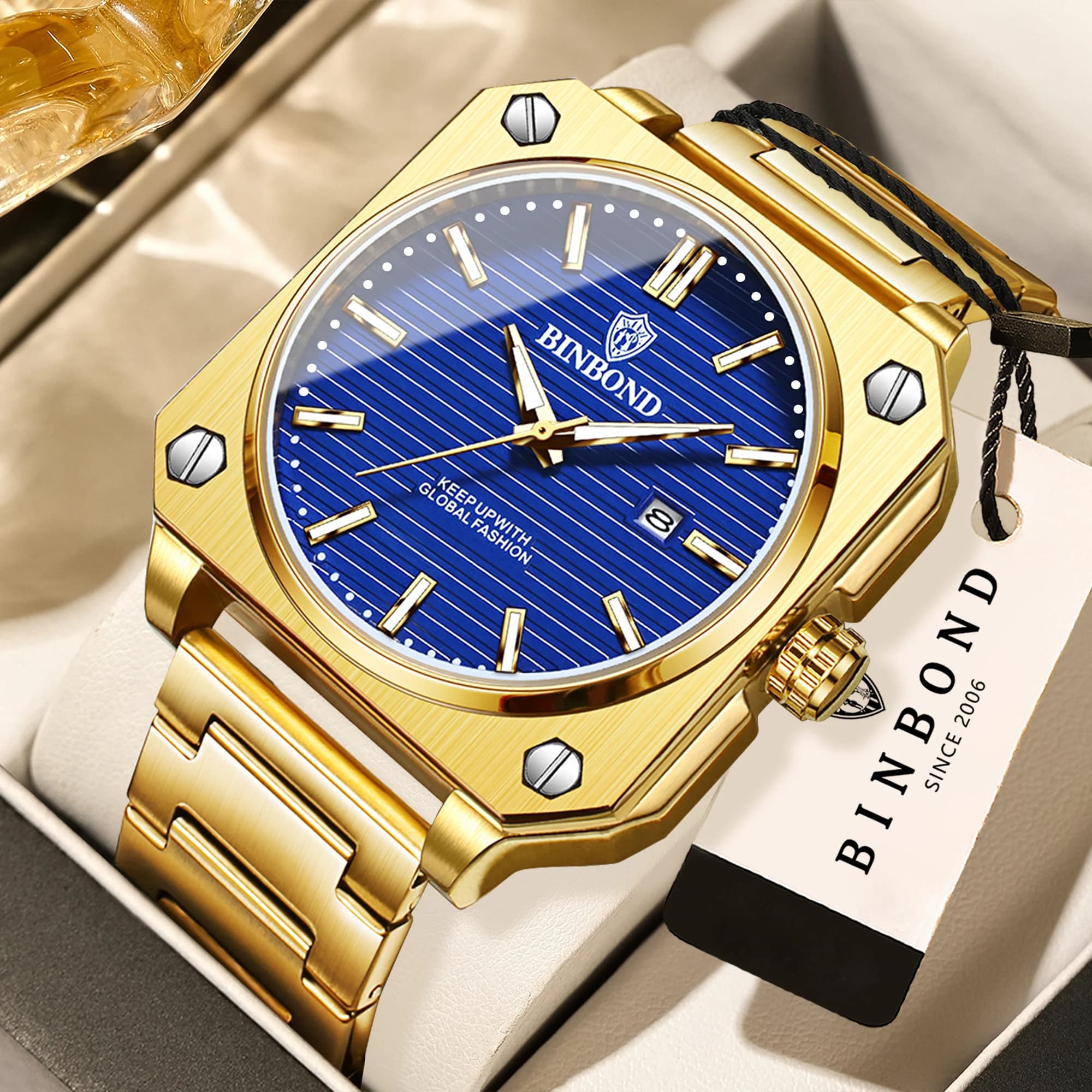 BINBOND Orologi da polso al quarzo di lusso per uomo, luminosi, impermeabili, con data automatica, orologio da uomo, business, sport, moda, casual, regalo.
