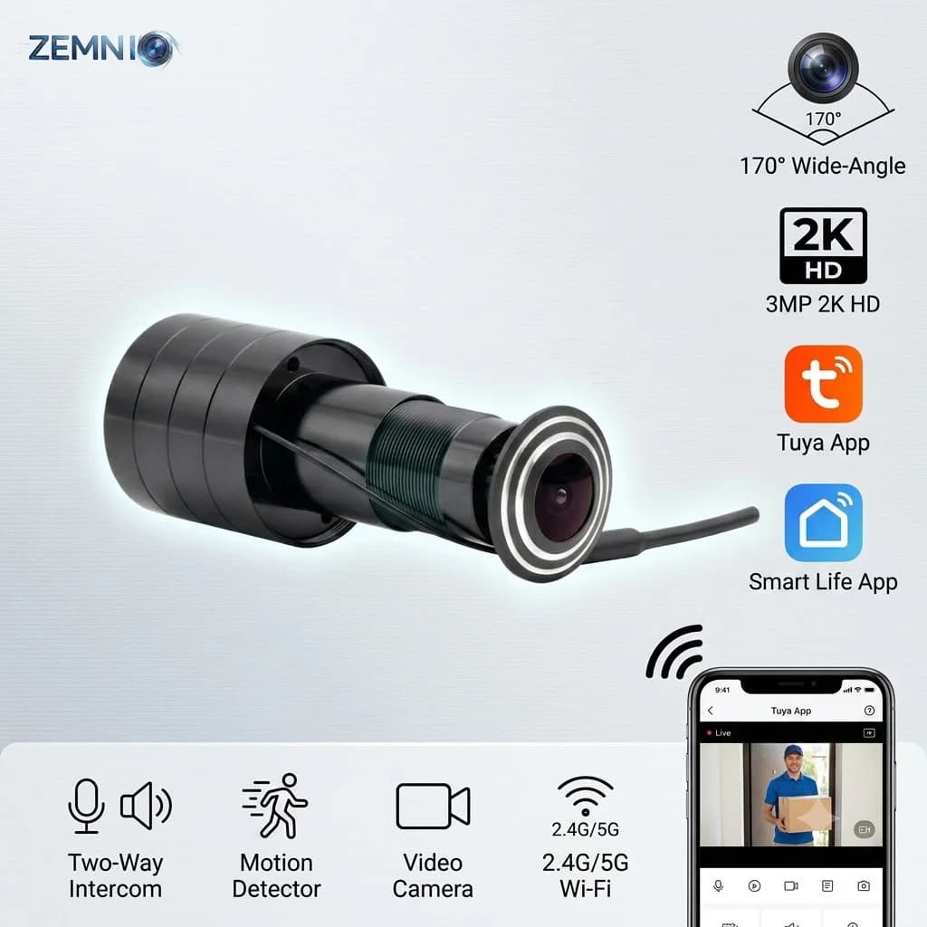 3MP 2K WiFi Video Door Viewer Peephole Camera, 170° WideAngle, 2-Way Intercom, Motion Detect, Tuya/SmartLife, EU/US/UK/AU Plug