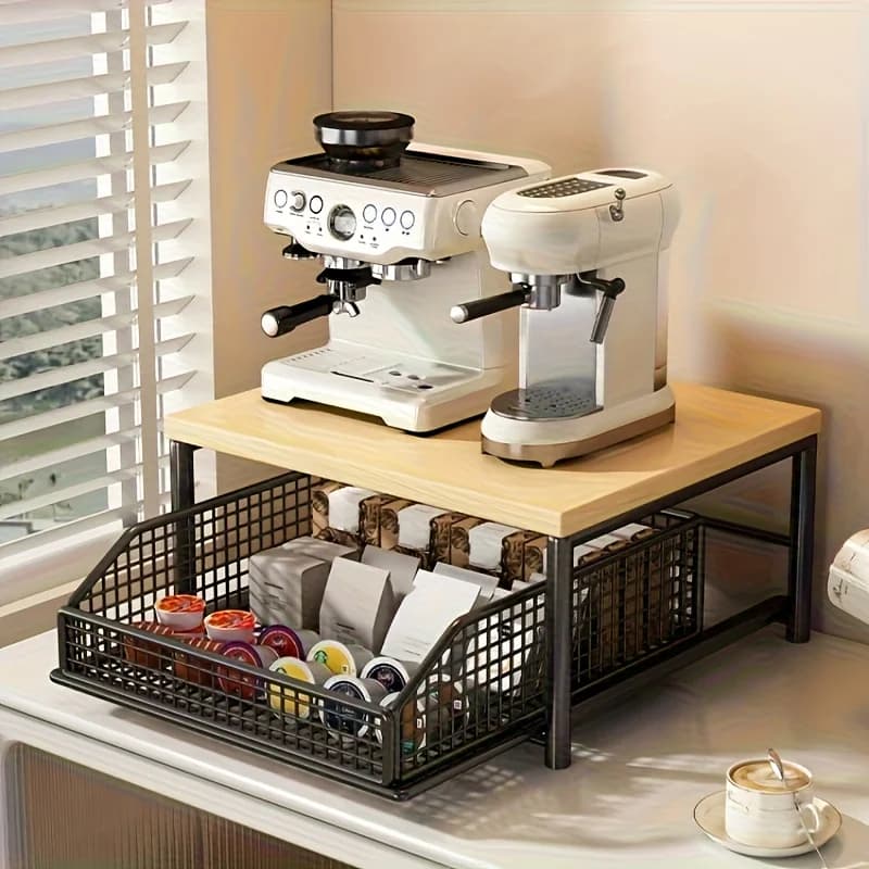Space-Saving Kitchen Countertop Organizer with Drawer & Wire Basket - Sturdy Hardwood Shelf for Coffee Maker.